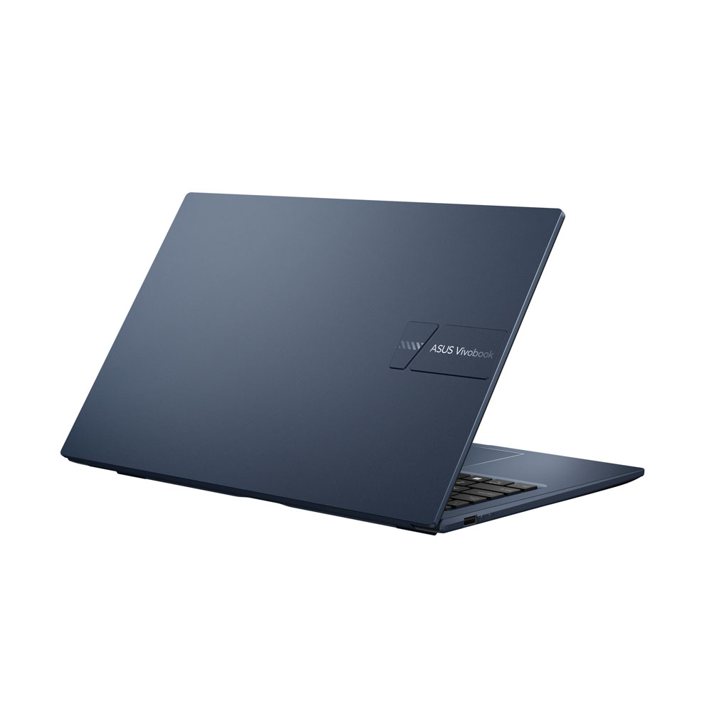 Mavi bir ASUS Vivobook dizüstü bilgisayarı hafifçe açık. Dizüstü bilgisayar beyaz bir arka plan üzerinde duruyor. ASUS Vivobook logosu görünür.