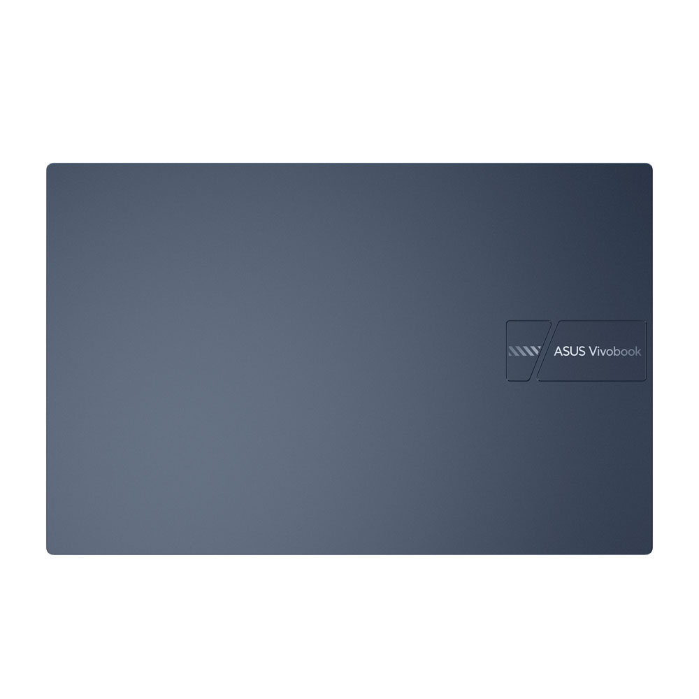 Koyu mavi renkte bir dizüstü bilgisayarın arka kısmı. ASUS Vivobook logosu sağda.