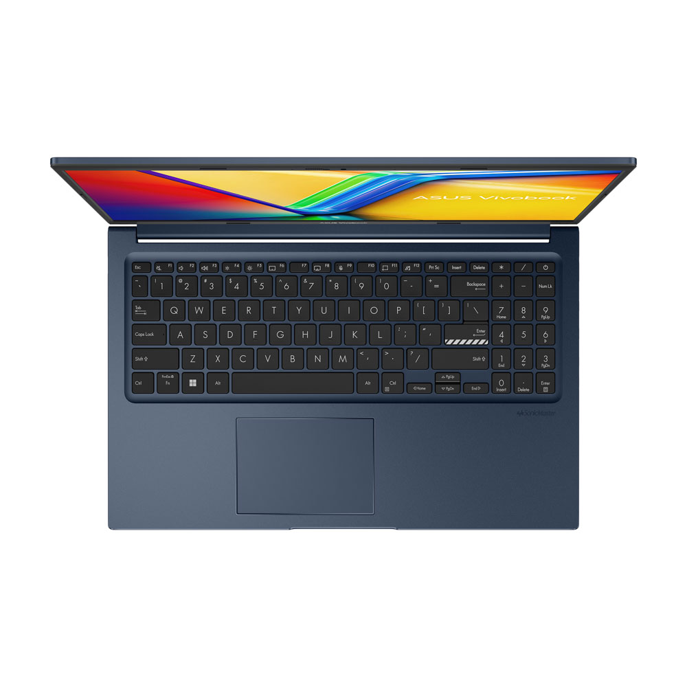 Mavi bir ASUS Vivobook dizüstü bilgisayarın yukarıdan görünümü, ekranı açık. Klavye ve dokunmatik yüzey görünür durumda, ekran renkli bir görüntü gösteriyor.
