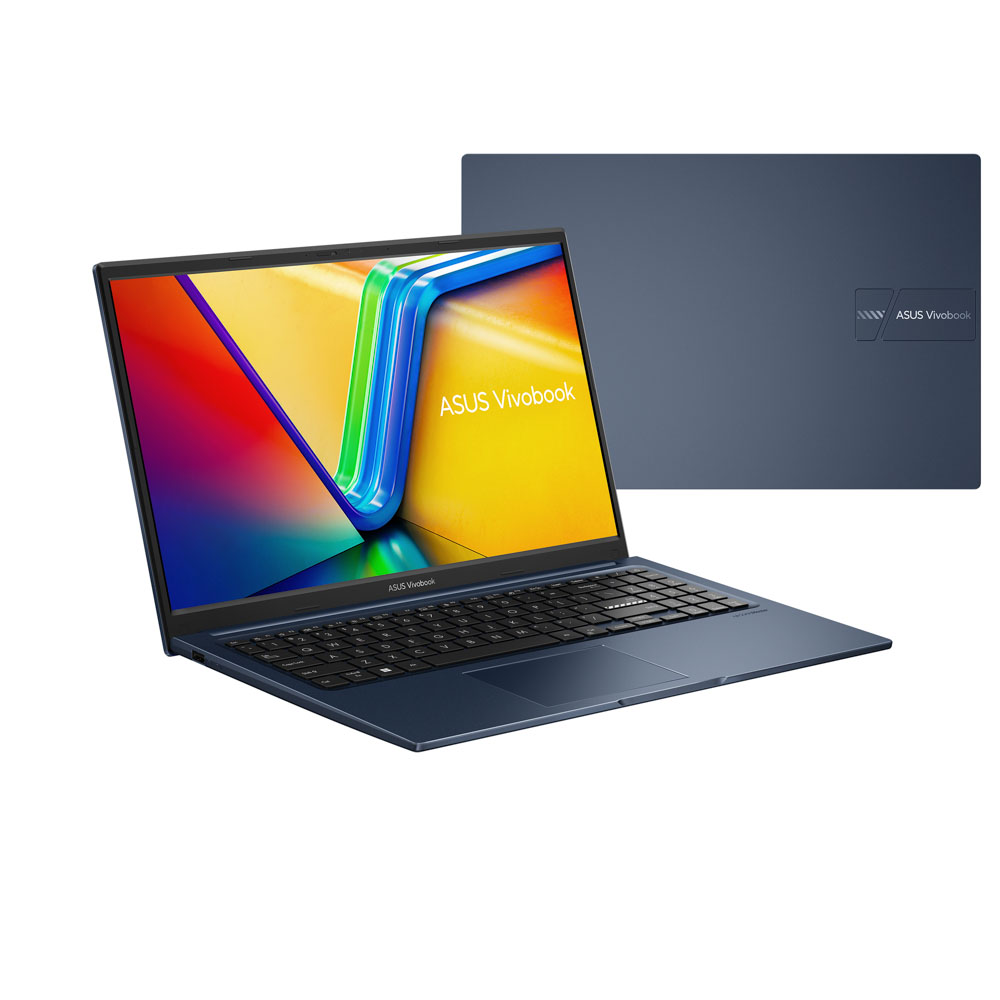 Mavi bir ASUS Vivobook dizüstü bilgisayar açık, renkli bir ekran görüntülüyor. Arkasında başka bir dizüstü bilgisayar kapağı var. Beyaz zemin.