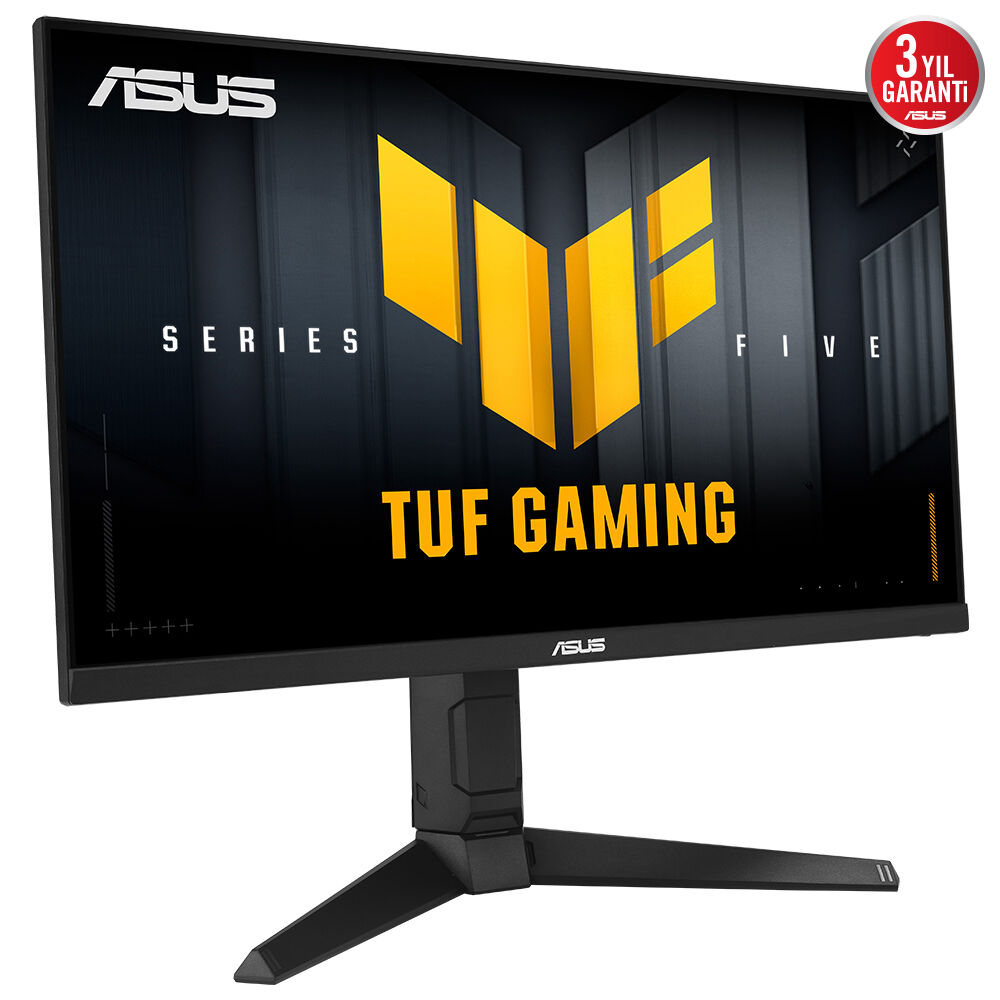ASUS TUF Gaming monitör. Siyah çerçeve, siyah taban, sarı logo. 3 yıl garanti etiketi. Ekran logo ve metin görüntüler.