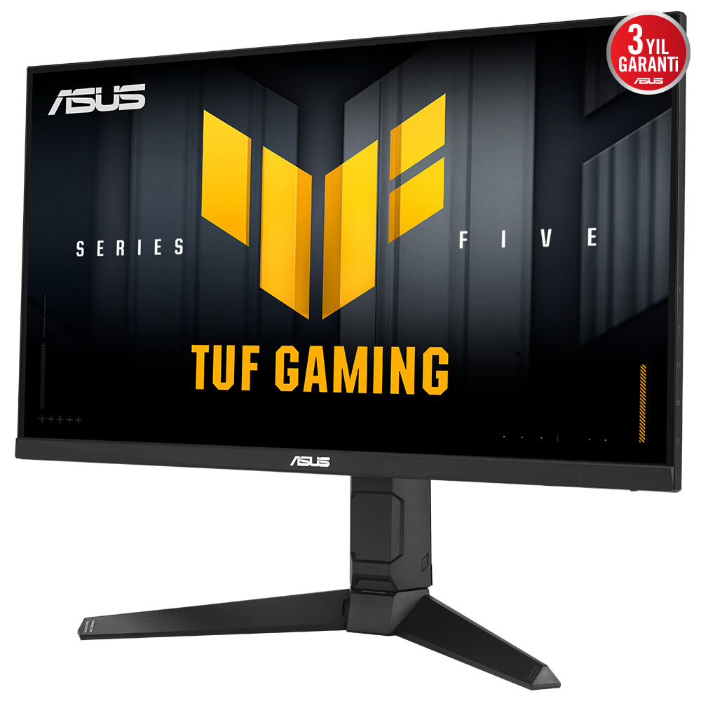 Bir ASUS TUF Gaming monitörü. Ekran, TUF Gaming logosunu sarı renkte, siyah arka planda gösterir. 3 yıllık garanti etiketi içerir.