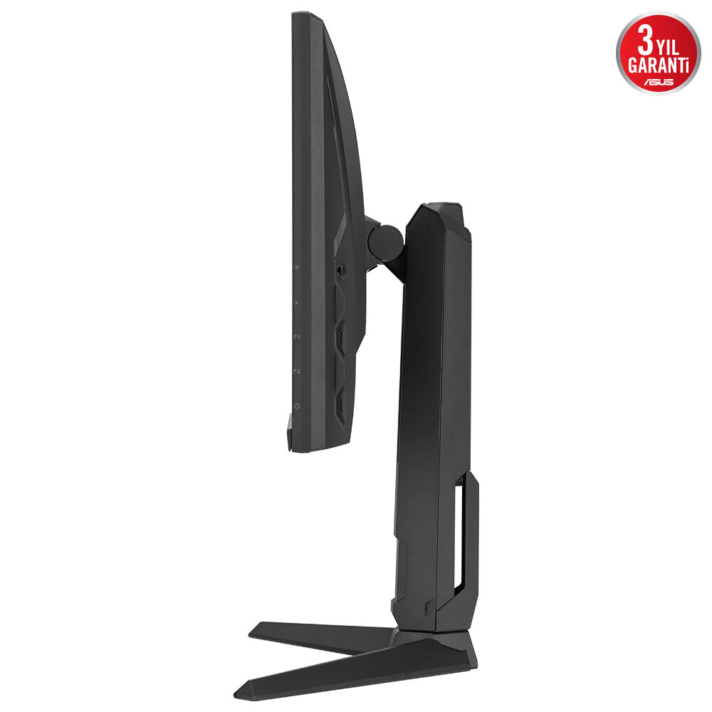 Siyah bir bilgisayar monitörü yandan gösteriliyor. Bir standı ve 3 yıllık garanti rozeti olan Asus logosu var.