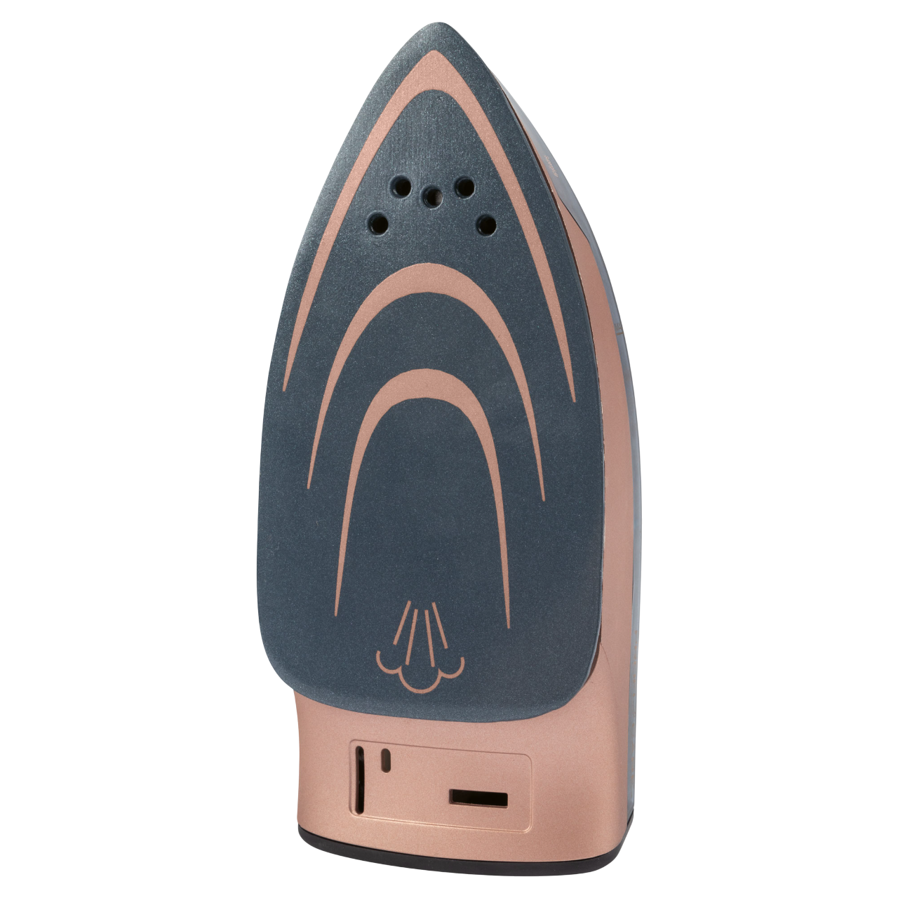 Ein graues und roségoldenes Bügeleisen. Es hat eine spitze Spitze und ein geschwungenes Design. Der Hintergrund ist schwarz.
