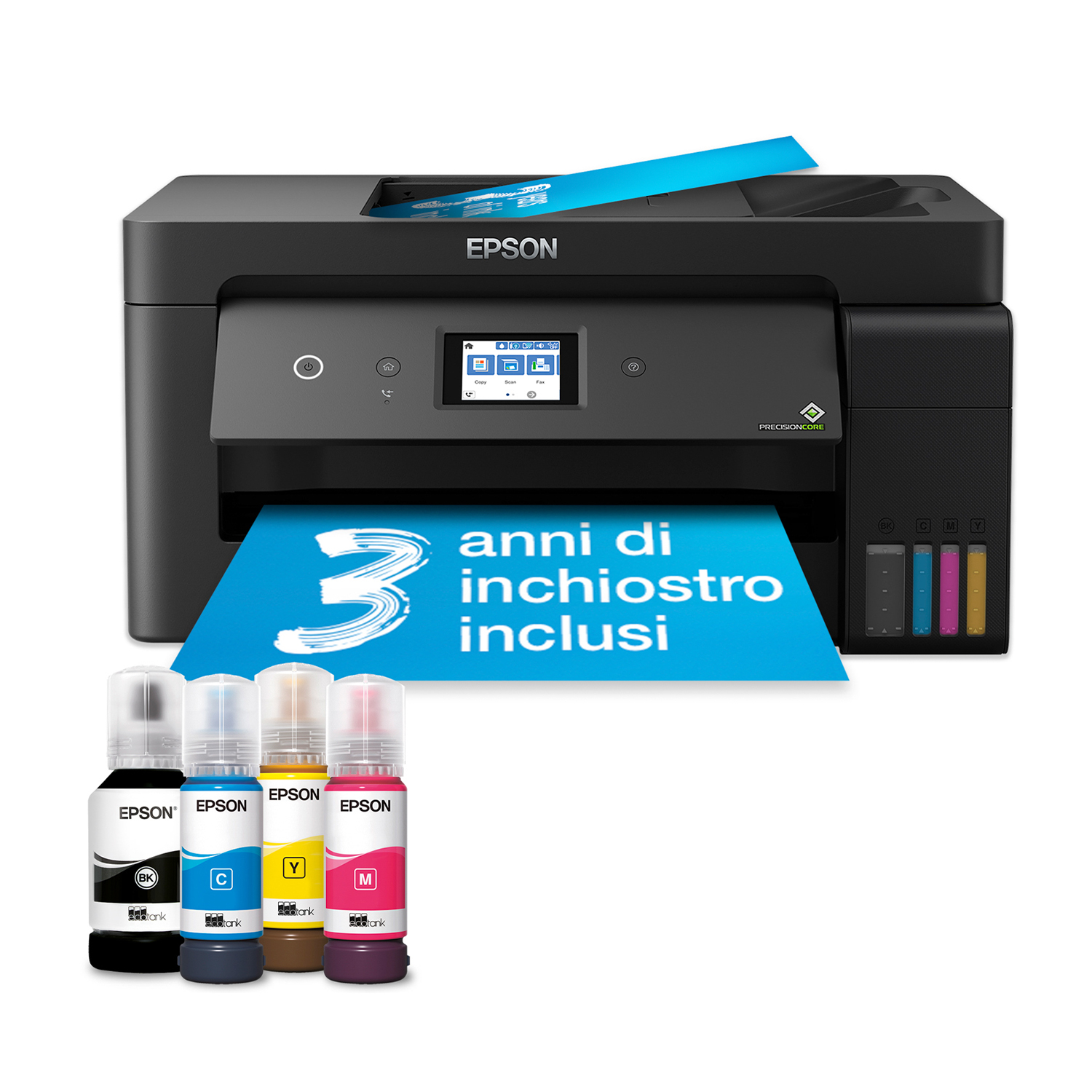 Stampante Epson nera con banner blu con scritto '3 anni di inchiostro inclusi' e 4 bottiglie d'inchiostro.