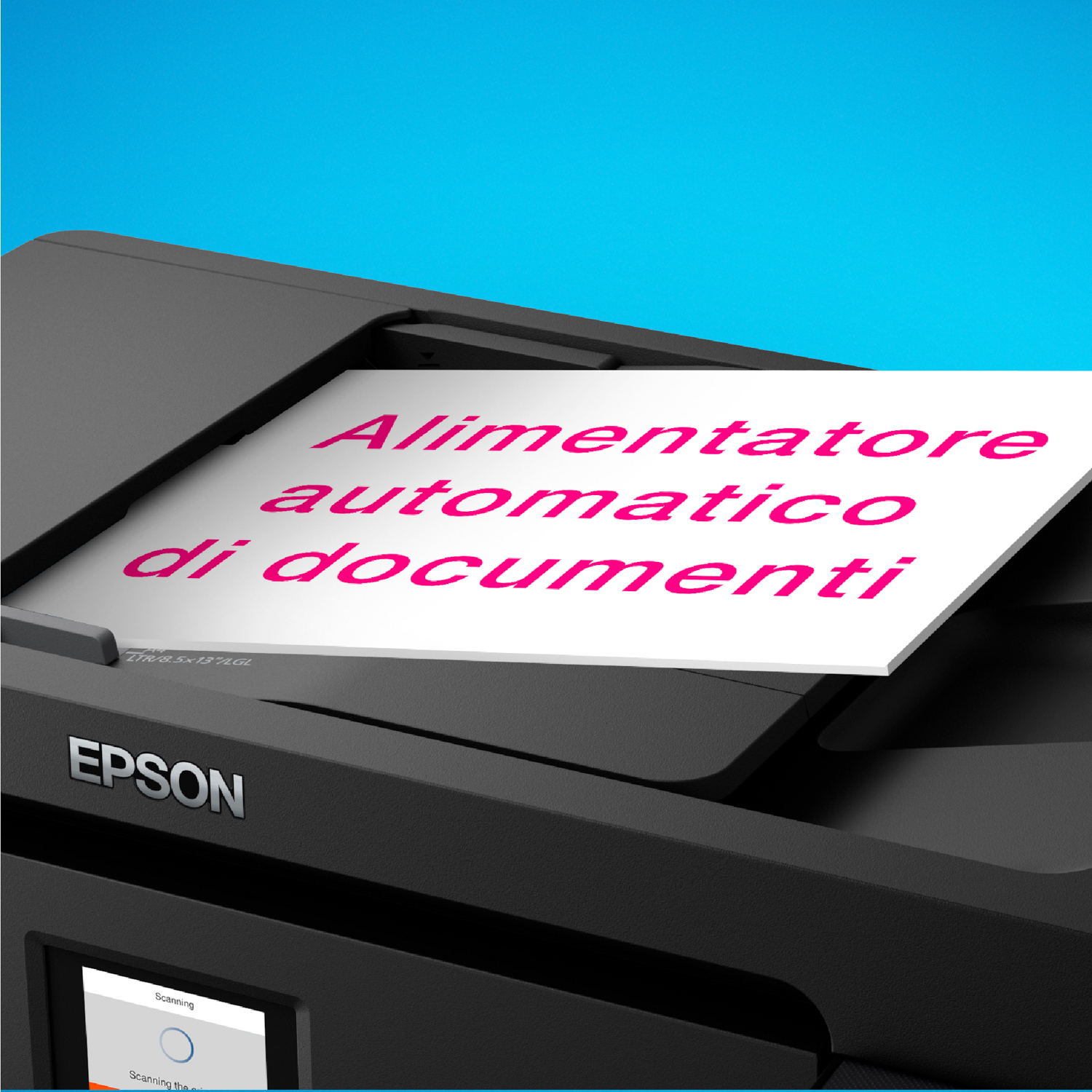 Una stampante Epson con alimentatore di documenti. Il testo sulla carta dice 'Alimentatore automatico di documenti' in rosa.