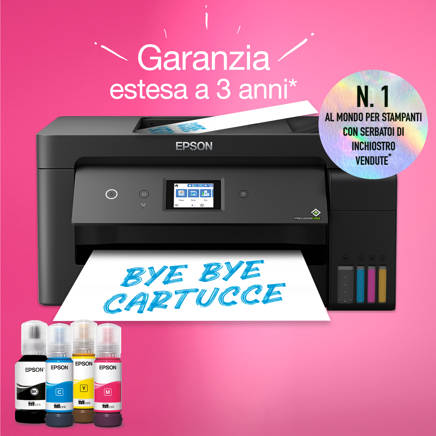 Una stampante Epson con flaconi di inchiostro e un foglio con scritto 'Bye Bye Cartucce'. C'è anche una garanzia di 3 anni.