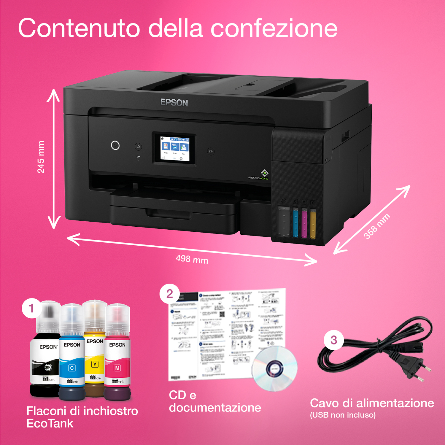 Stampante Epson con flaconi d'inchiostro, CD e cavo di alimentazione. La stampante è nera. L'immagine ha dimensioni ed etichette.