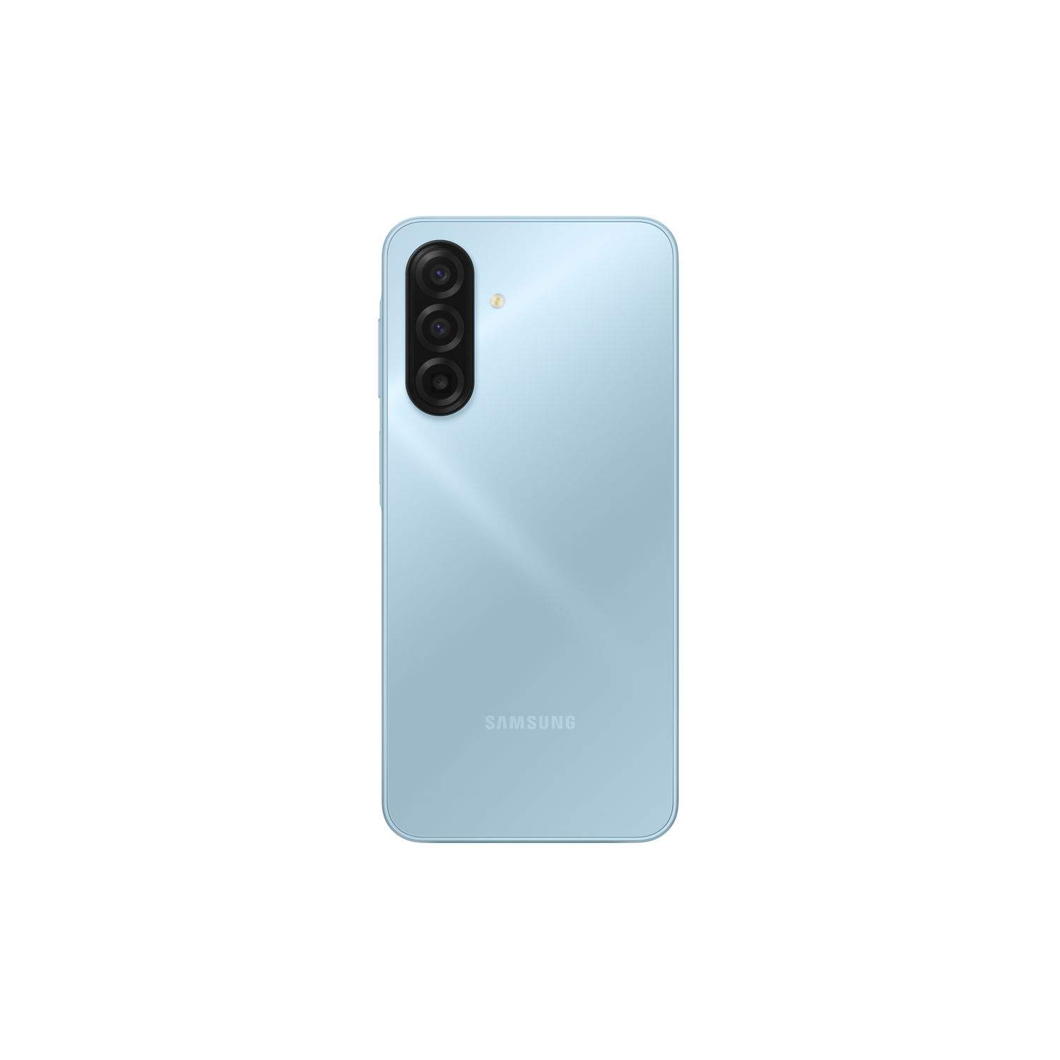 Achterkant van een lichtblauwe Samsung smartphone. Beschikt over een drievoudige cameralens, Samsung logo en afgeronde hoeken op zwarte achtergrond.