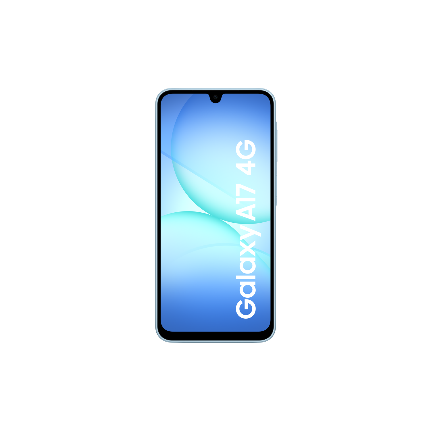 Een smartphone met een blauw scherm toont de tekst 'Galaxy A17 4G' tegen een zwarte achtergrond. De rand van de telefoon is lichtblauw.