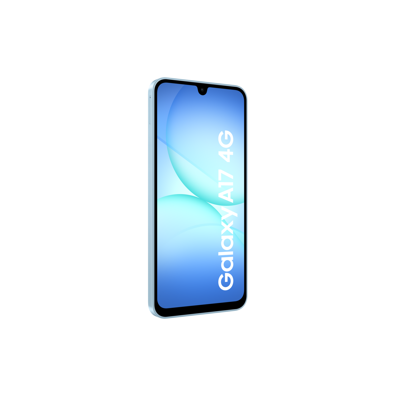Een lichtblauwe smartphone, Galaxy A17 4G, op een zwarte achtergrond. Het scherm toont abstracte blauwe en witte vormen.