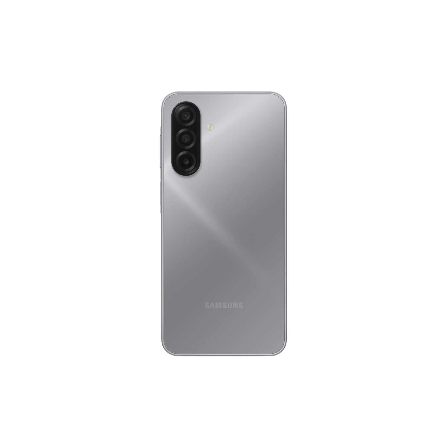 The rear of a silver Samsung phone is shown against a black background. It has three vertical cameras and the Samsung logo.