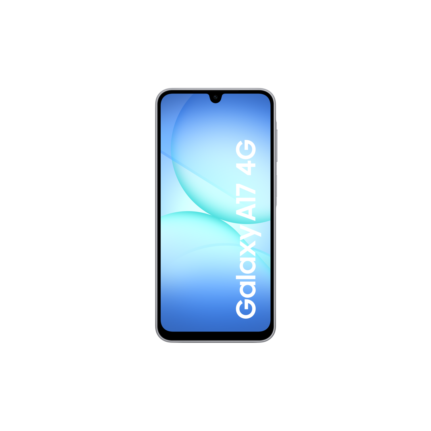 A Galaxy A17 4G smartphone on black background. Screen displays a blue gradient with two light green circles, with the phone's name.