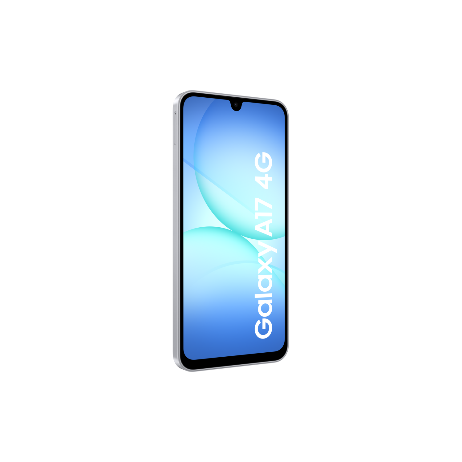 A silver smartphone, Galaxy A17 4G, displayed on a black background. The screen shows a blue and white abstract design.