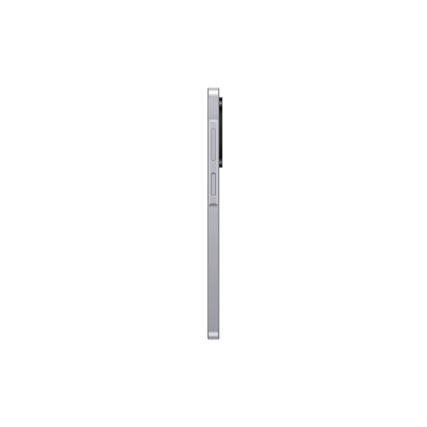 Side view of a light grey smartphone on a black background. The phone shows buttons and a camera bump.