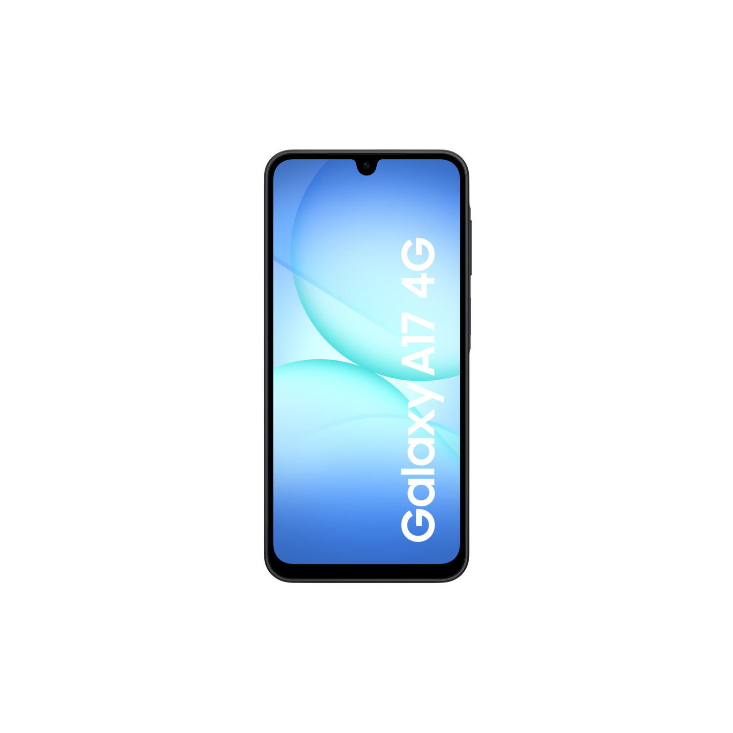 Samsung Galaxy A17 4G smartphone on black background. The screen displays blue and white graphic with the phone's name.
