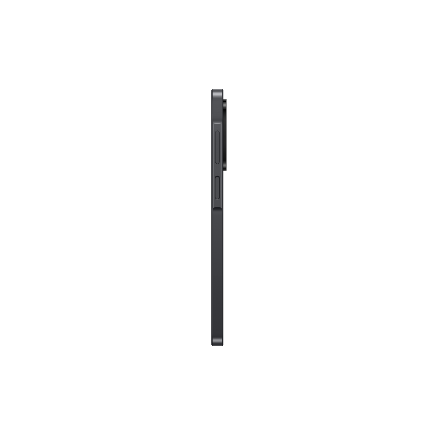 Side view of a dark gray smartphone against a black background. The phone has buttons on the side and a slim profile.
