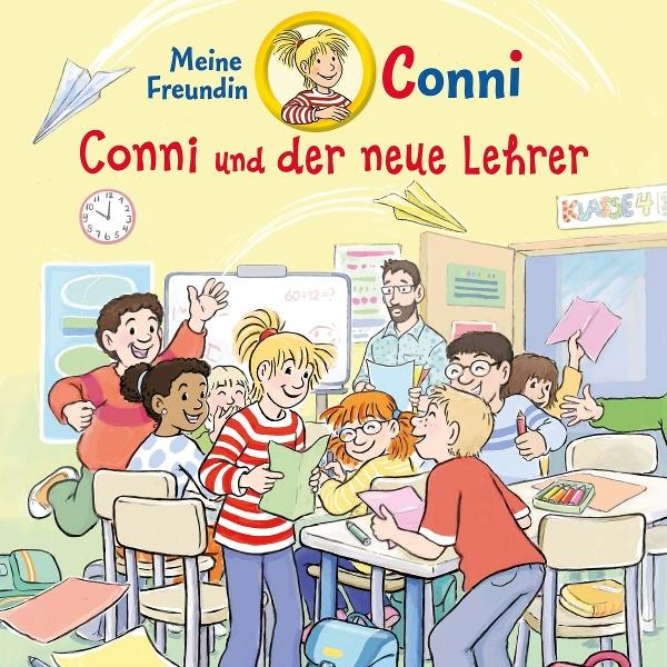 Illustration einer Klassenzene. Conni, ein Mädchen in einem rot gestreiften Shirt, steht mit Klassenkameraden. Ein Lehrer und Schüler sind im Hintergrund.