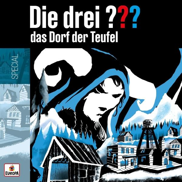 Cover-Art für 'Die drei ???'. Eine Kapuzenfigur dominiert die Szene. Häuser und Berge sind im Hintergrund. Schwarz, Weiß und Blau.