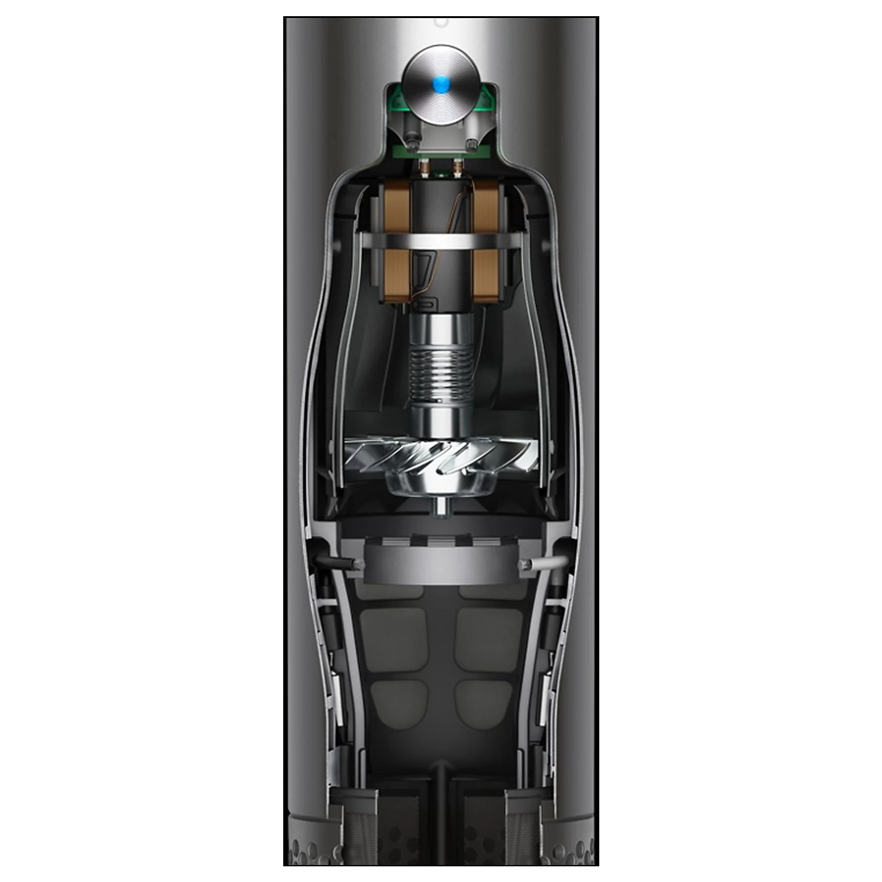 Przekrój odkurzacza pokazujący elementy wewnętrzne: silnik, wentylator, filtry i obwody. Schemat kolorów srebrny i czarny.