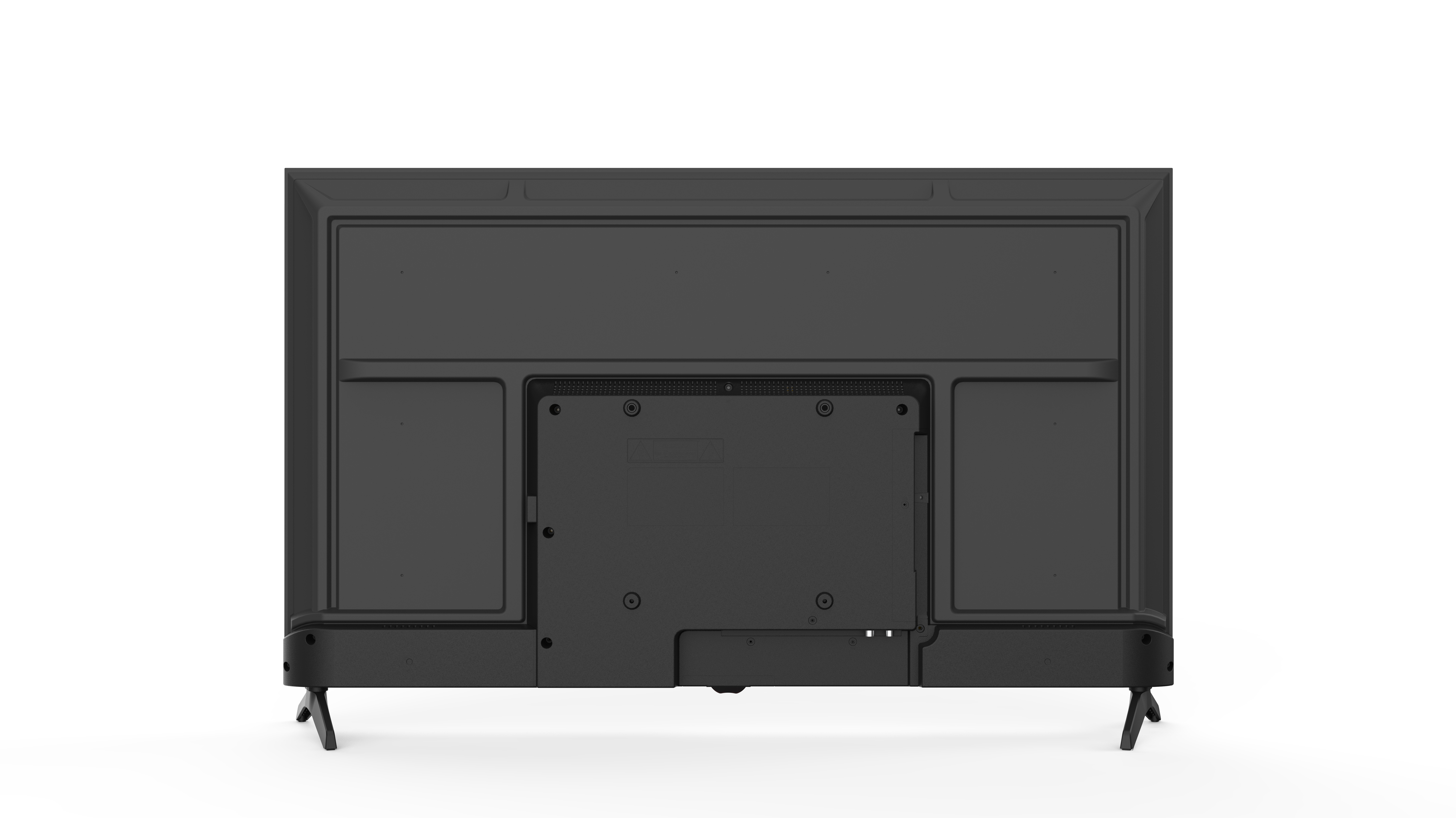 Rückansicht eines schwarzen Fernsehers auf weißem Grund. Rechteckige Form mit Anschlüssen und Ständern.