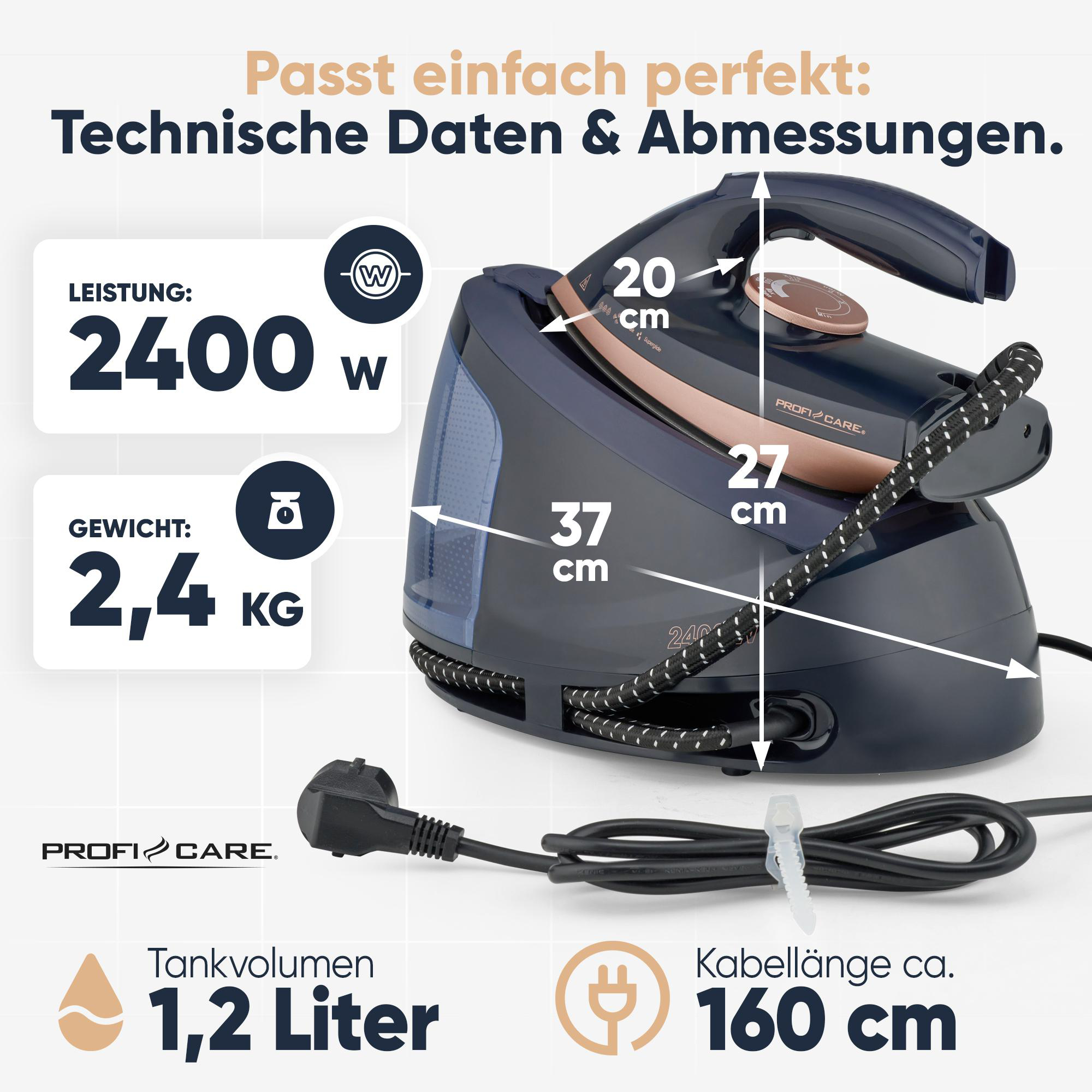 Ein dunkelblaues Bügeleisen mit roségoldenen Akzenten, Abmessungen und Spezifikationen werden angezeigt. Enthält Wattzahl, Gewicht und Wassertankvolumen.