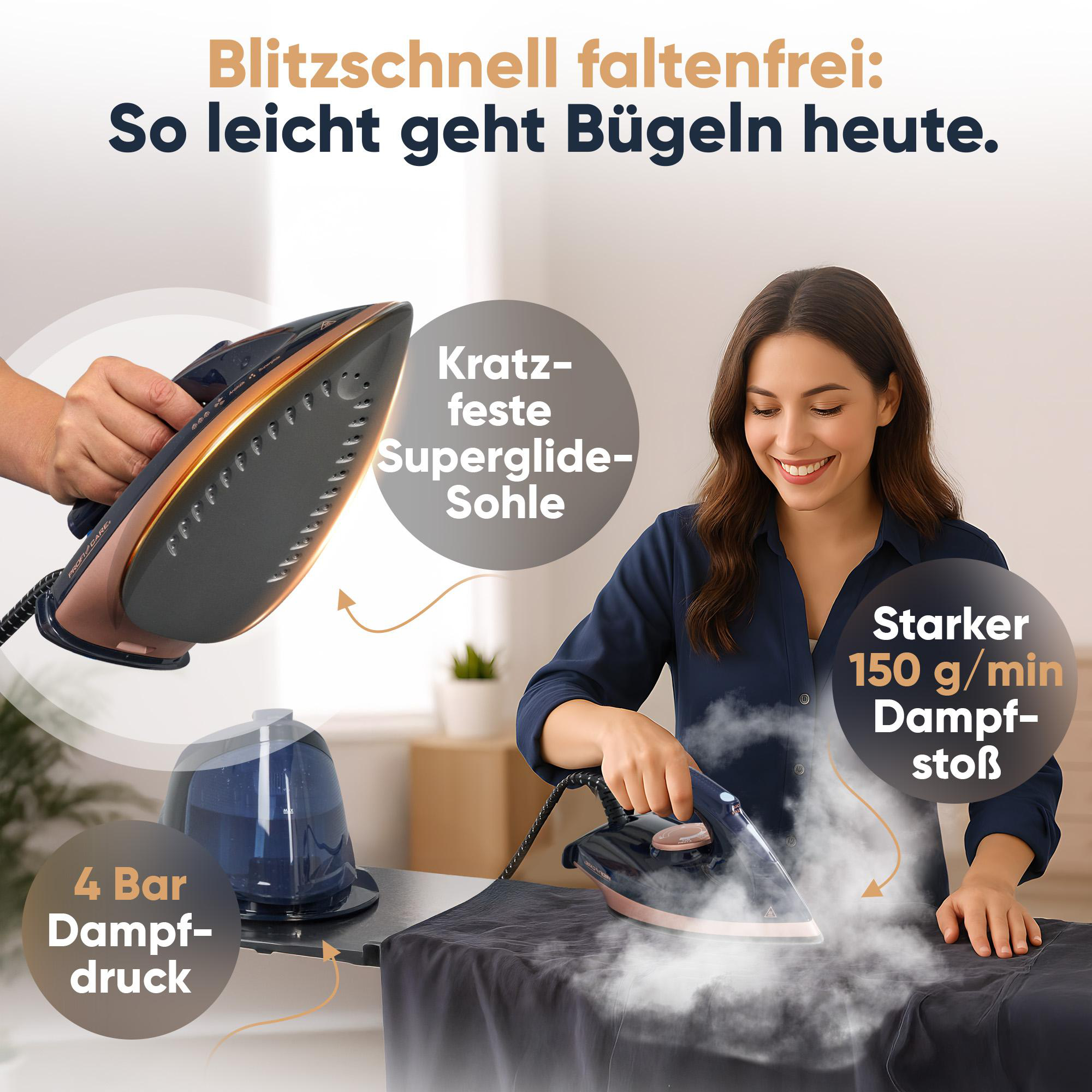 Eine Frau bügelt mit einem Dampfbügeleisen. Das Bügeleisen befindet sich auf einem dunklen Kleidungsstück. Weitere Elemente sind Text über das Produkt.