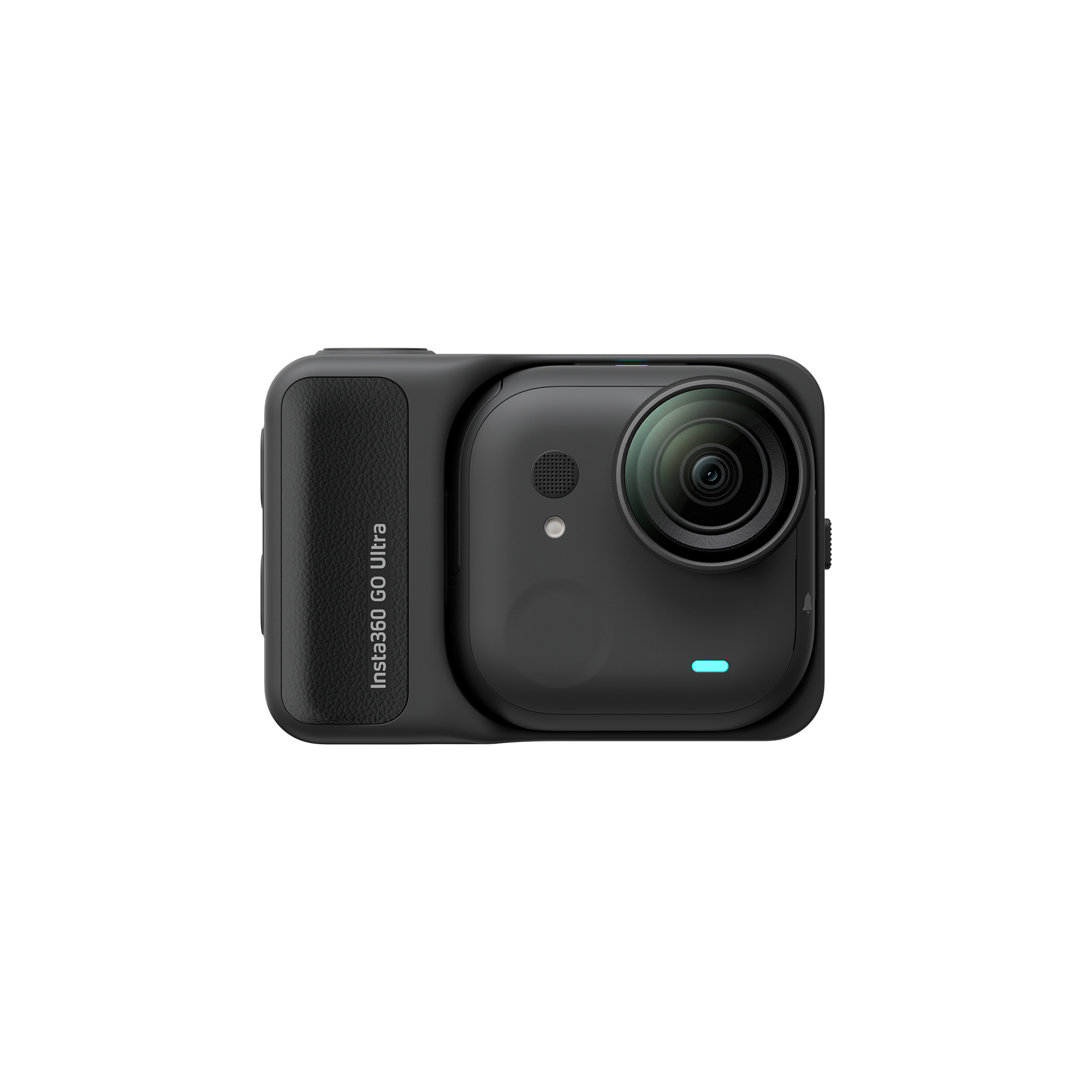Eine schwarze Insta360 GO Ultra Kamera. Sie hat ein Objektiv, ein Mikrofon und einen Einschaltknopf. Der Hintergrund ist weiß.