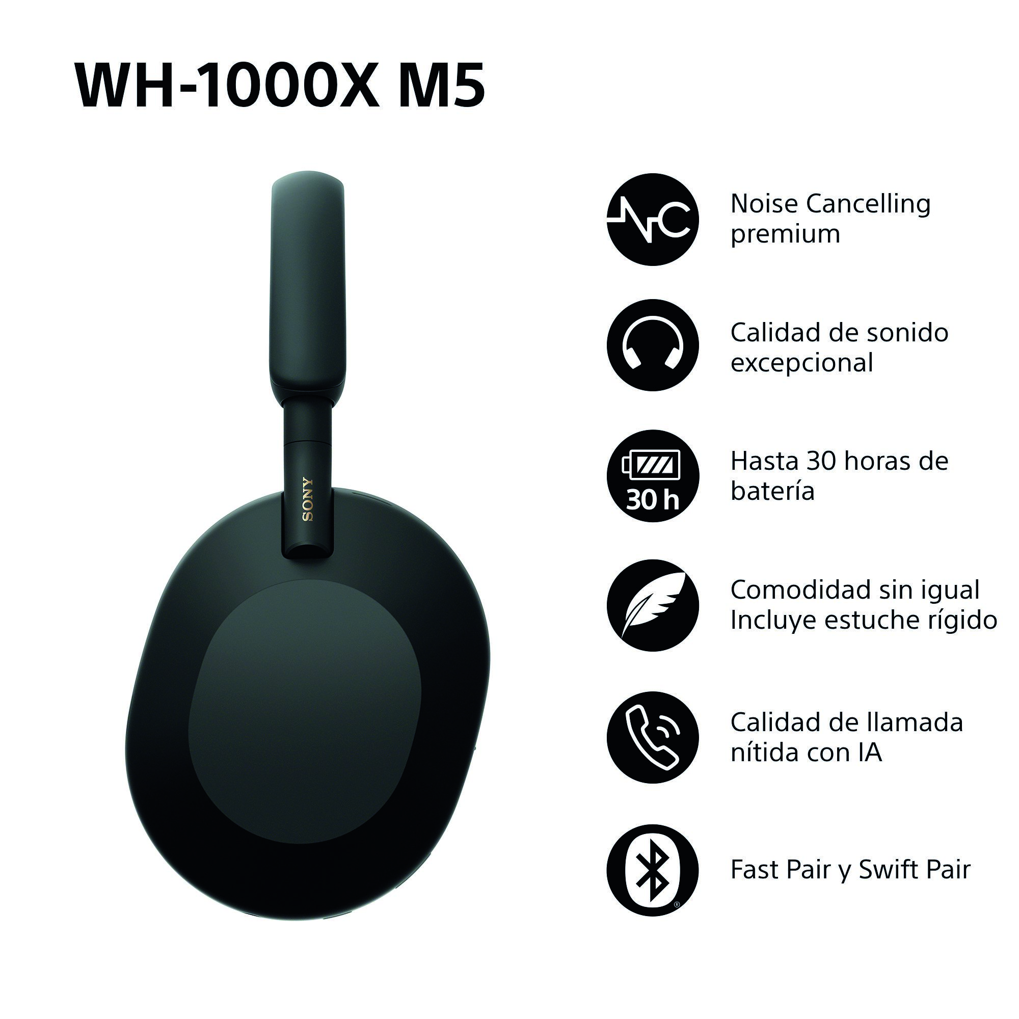 Auriculares negros Sony WH-1000XM5 con funciones. Cancelación de ruido, sonido excepcional, batería de 30h y emparejamiento rápido.