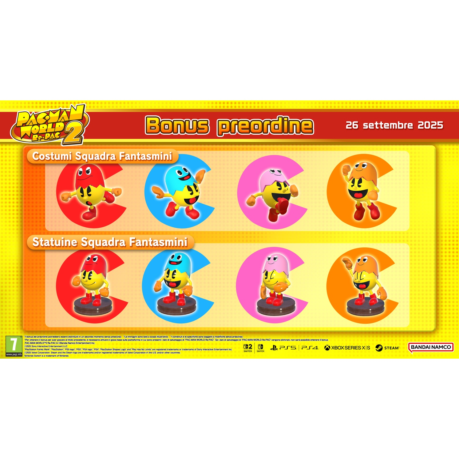 Immagine promozionale di Pac-Man World Re-Pac 2. Mostra varianti di Pac-Man con costumi e statuette di diversi colori.