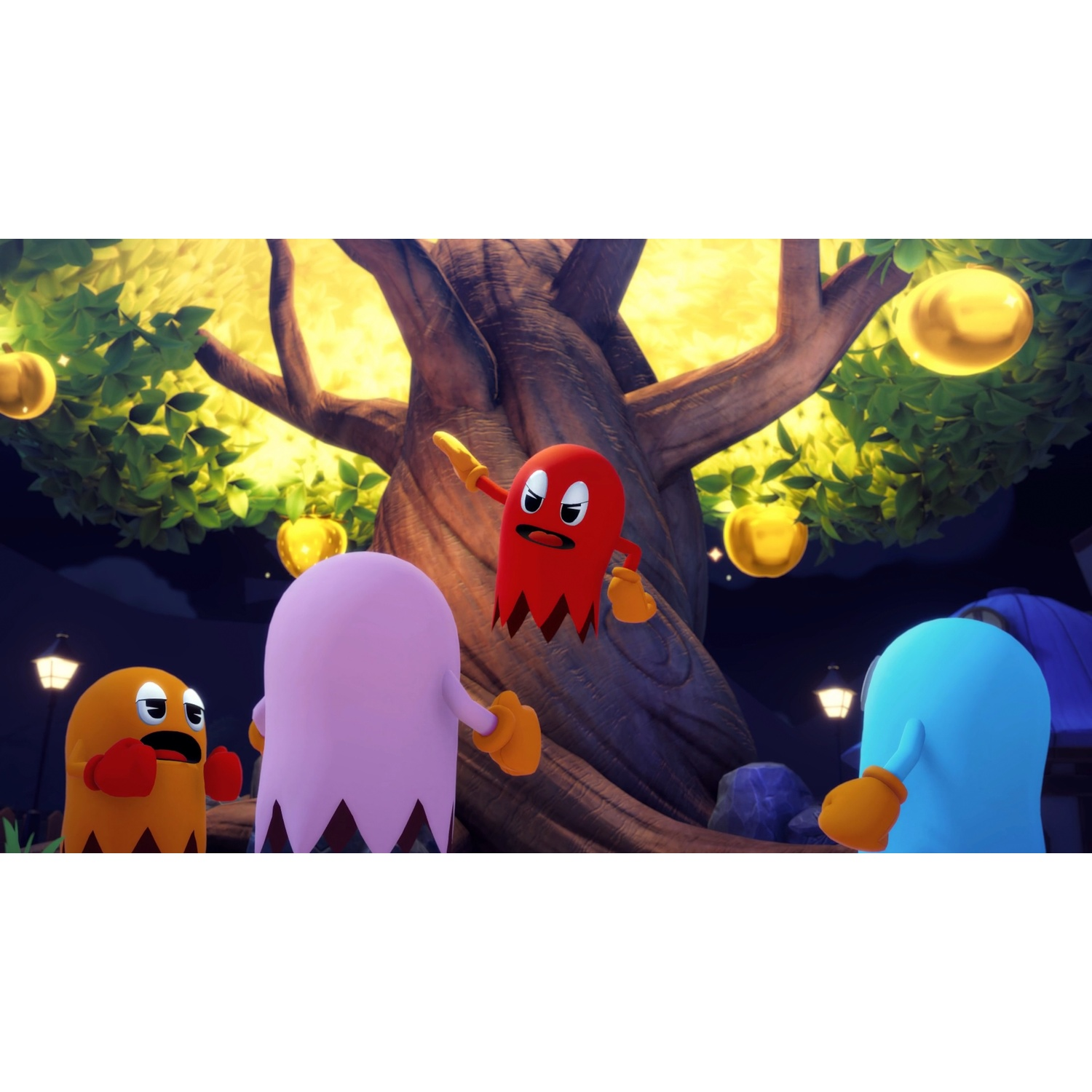 I personaggi di Pac-Man si riuniscono sotto un albero con frutti d'oro. Un fantasma rosso indica, fantasmi arancioni, rosa e blu guardano con preoccupazione.