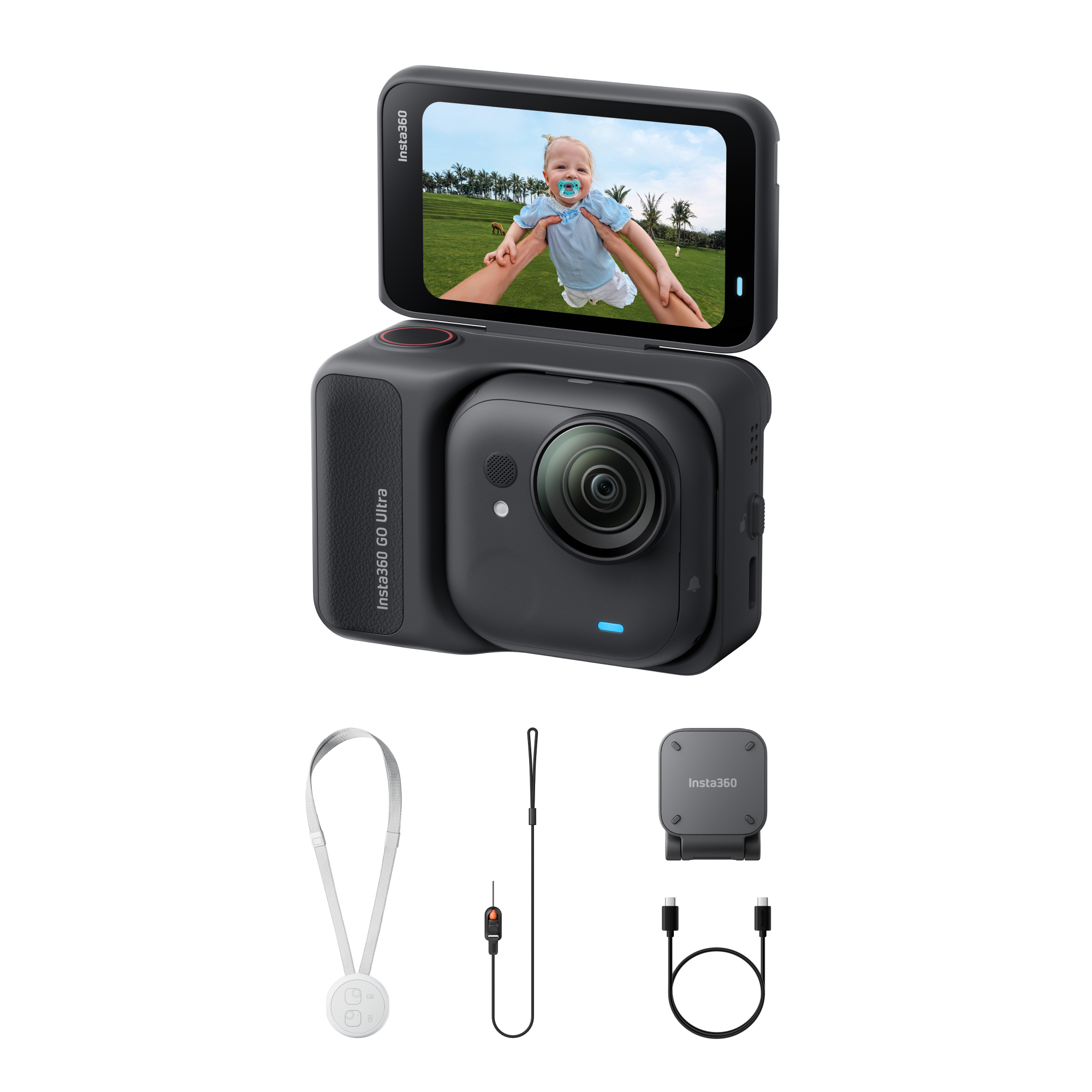 Insta360 Go Ultra Kamera mit Bildschirm, der ein Baby zeigt. Zubehör: Fernbedienung, Lanyard, Halterung und Kabel.