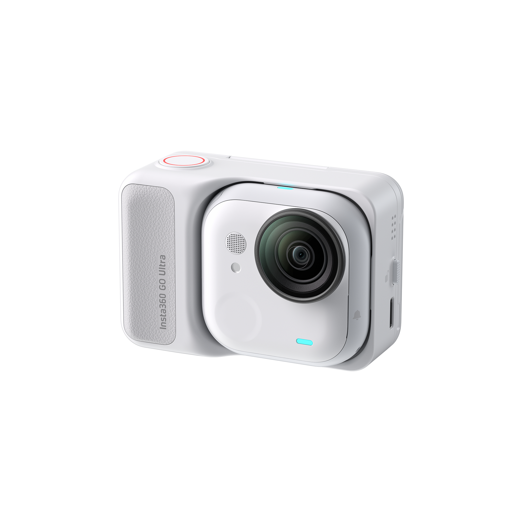 Weiße Insta360 Go Ultra Kamera. Sie hat ein Objektiv, einen roten Knopf und blaue Kontrollleuchten. Der Hintergrund ist weiß.