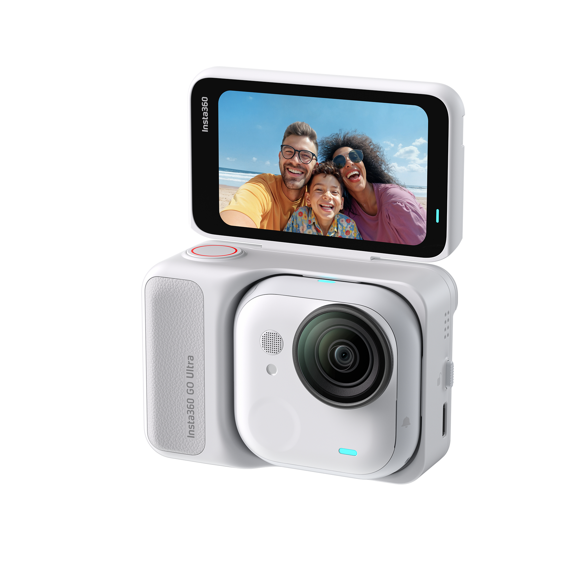 Weiße Insta360 Go Ultra Kamera mit Bildschirm, der ein Familien-Selfie zeigt. Enthält ein Objektiv und einen Bildschirm.