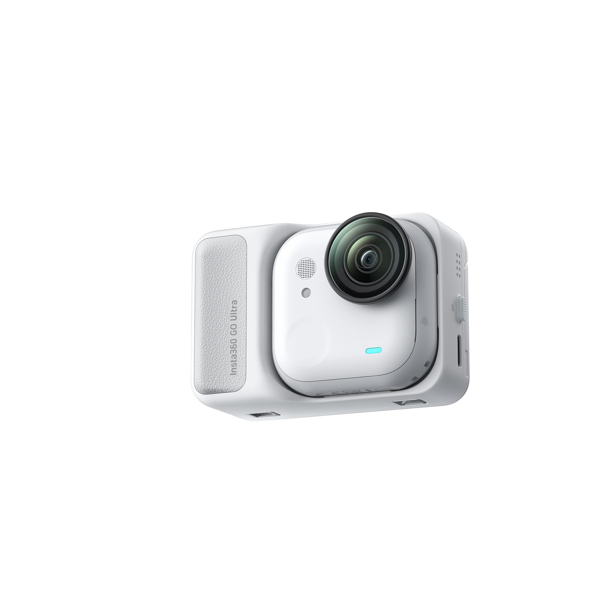 Weiße Insta360 Go Ultra Kamera mit schwarzem Objektiv in einem weißen Gehäuse. Die Kamera hat eine blaue Kontrollleuchte.