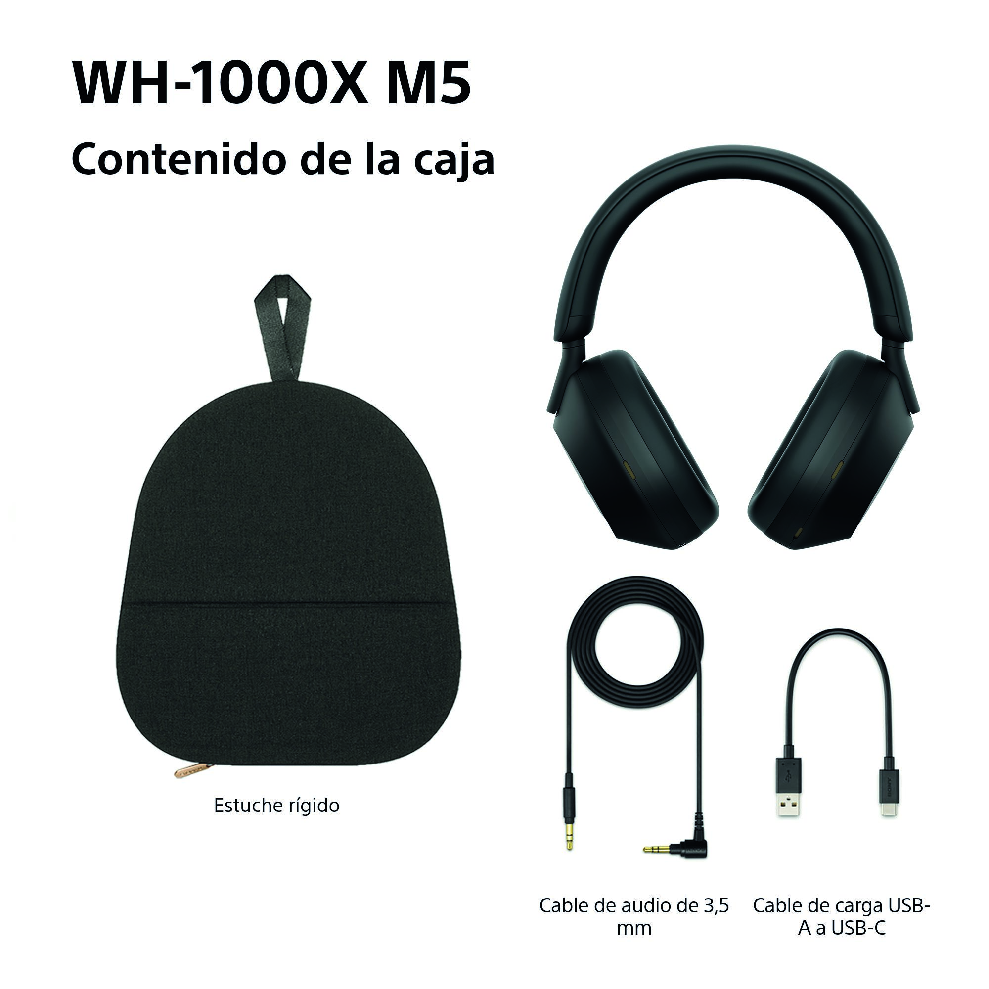 La imagen muestra auriculares negros, estuche, cable de audio y cable USB. El texto dice: WH-1000XM5 y el contenido de la caja.