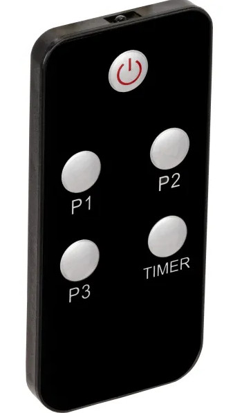 Czarny pilot z przyciskiem zasilania, przyciskami P1, P2, P3 i Timer. Na górze znajduje się mały czujnik.