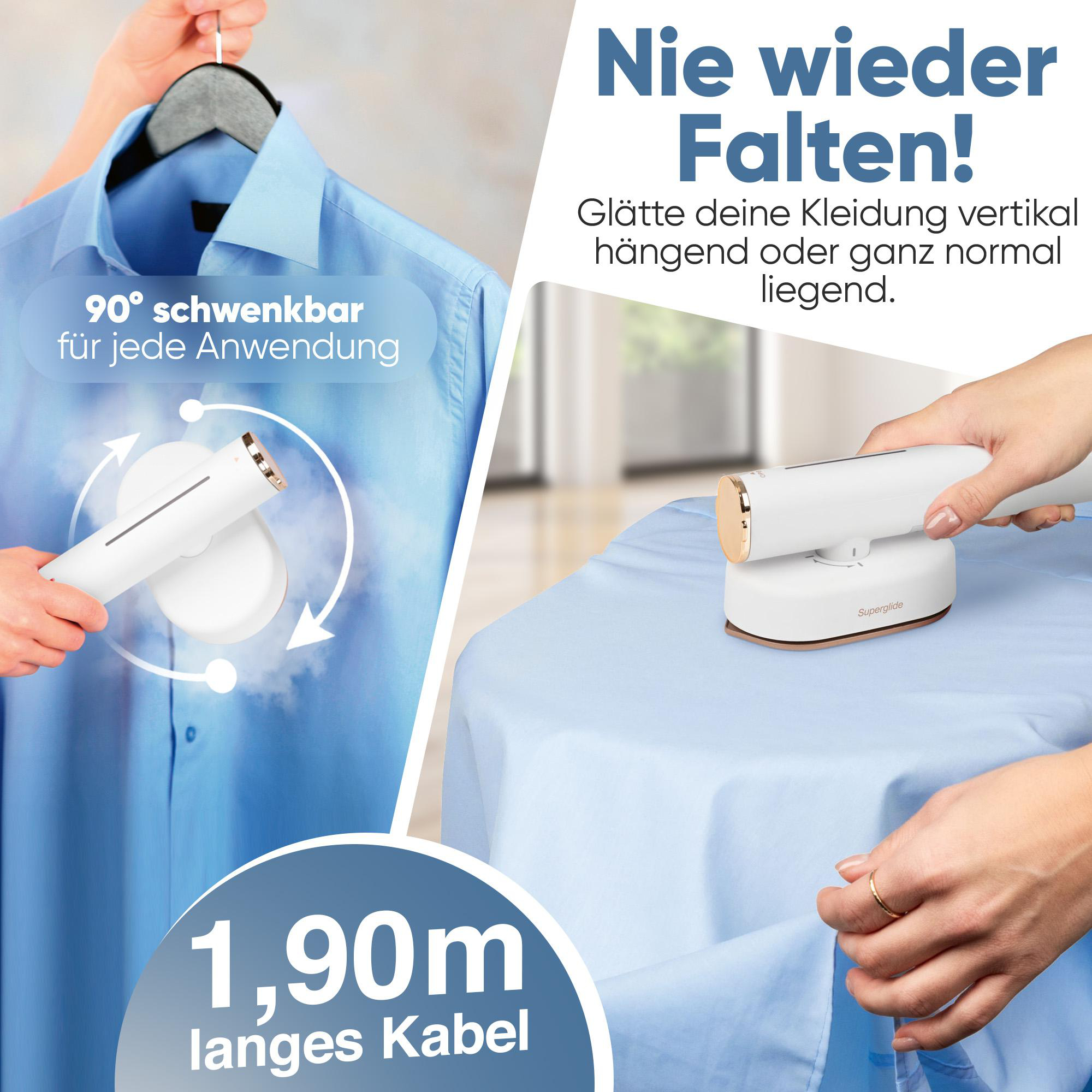 Ein Dampfbügeleisen wird auf einem blauen Hemd verwendet. Der Text erwähnt 'Nie wieder Falten!' und '1,90m langes Kabel'.