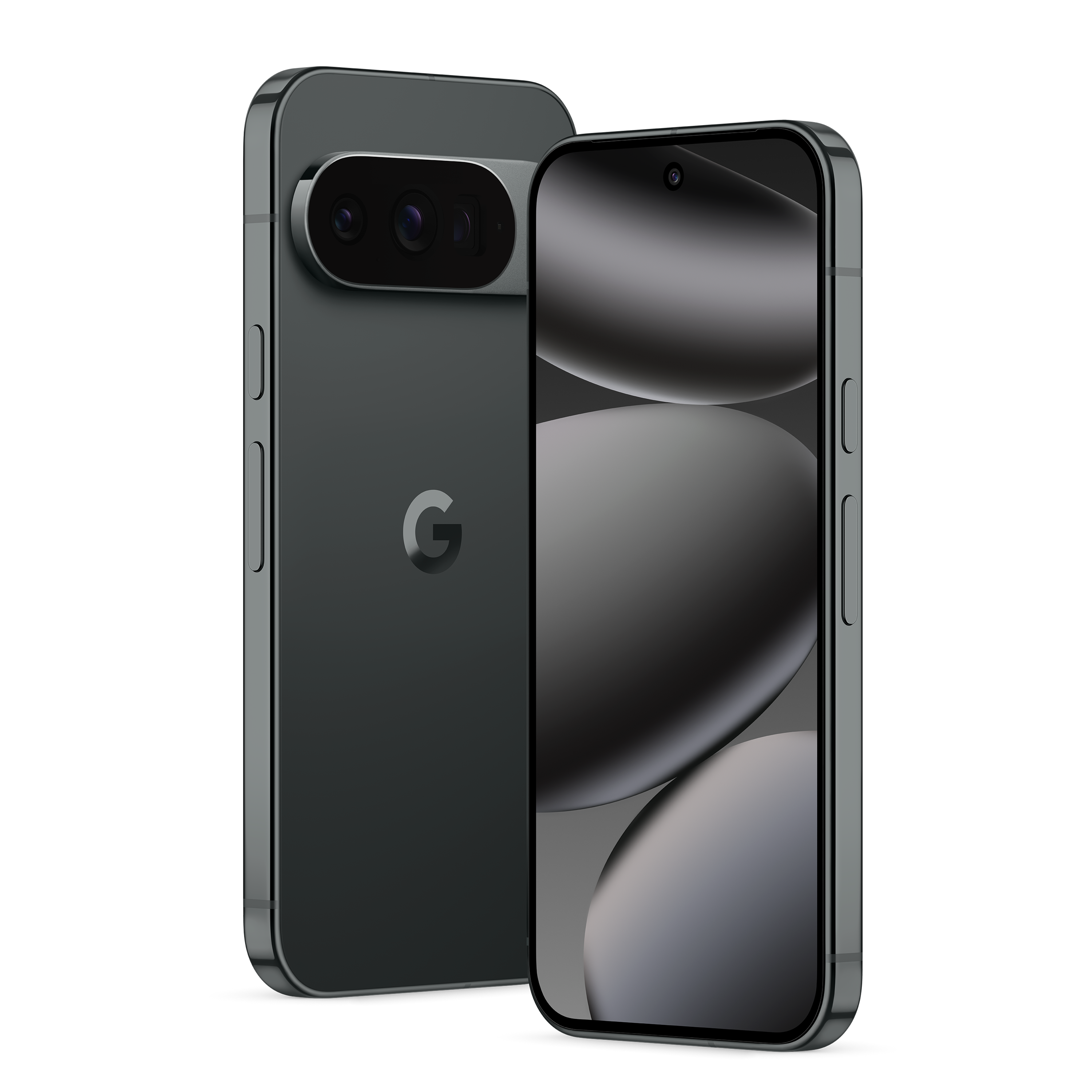 Zwei Smartphones, grau-grün, auf Schwarz. Eines zeigt Linsen, das andere einen Bildschirm mit abstrakten Formen. Google-Logo vorhanden.