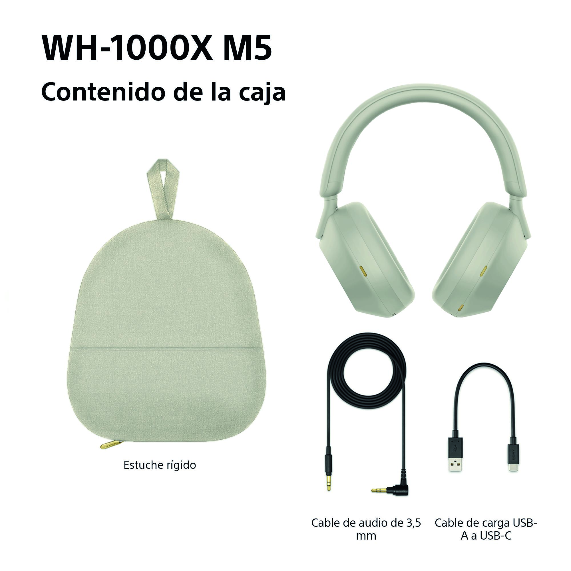 La imagen muestra el contenido de la caja WH-1000XM5: auriculares, estuche, cable de audio y cable de carga USB-A a USB-C.