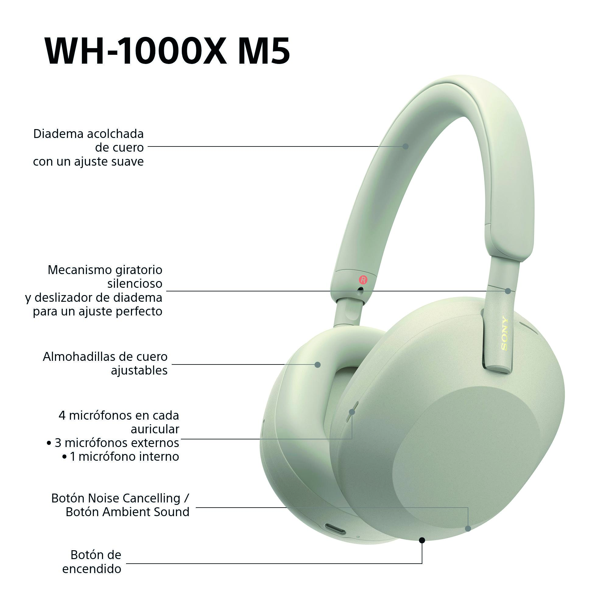 Auriculares beige Sony WH-1000XM5. Características: almohadillas de cuero, 4 micrófonos, botón de cancelación de ruido y botón de encendido.