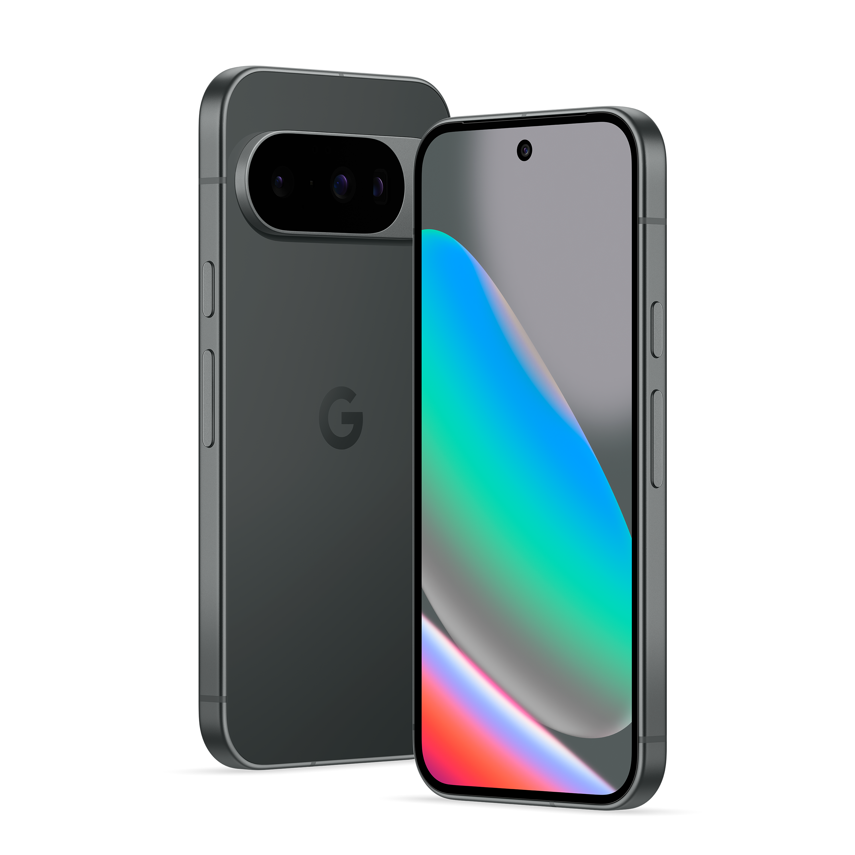 Zwei dunkelgraue Smartphones. Eines zeigt einen Bildschirm mit Farbverlauf, das andere das Google-Logo.