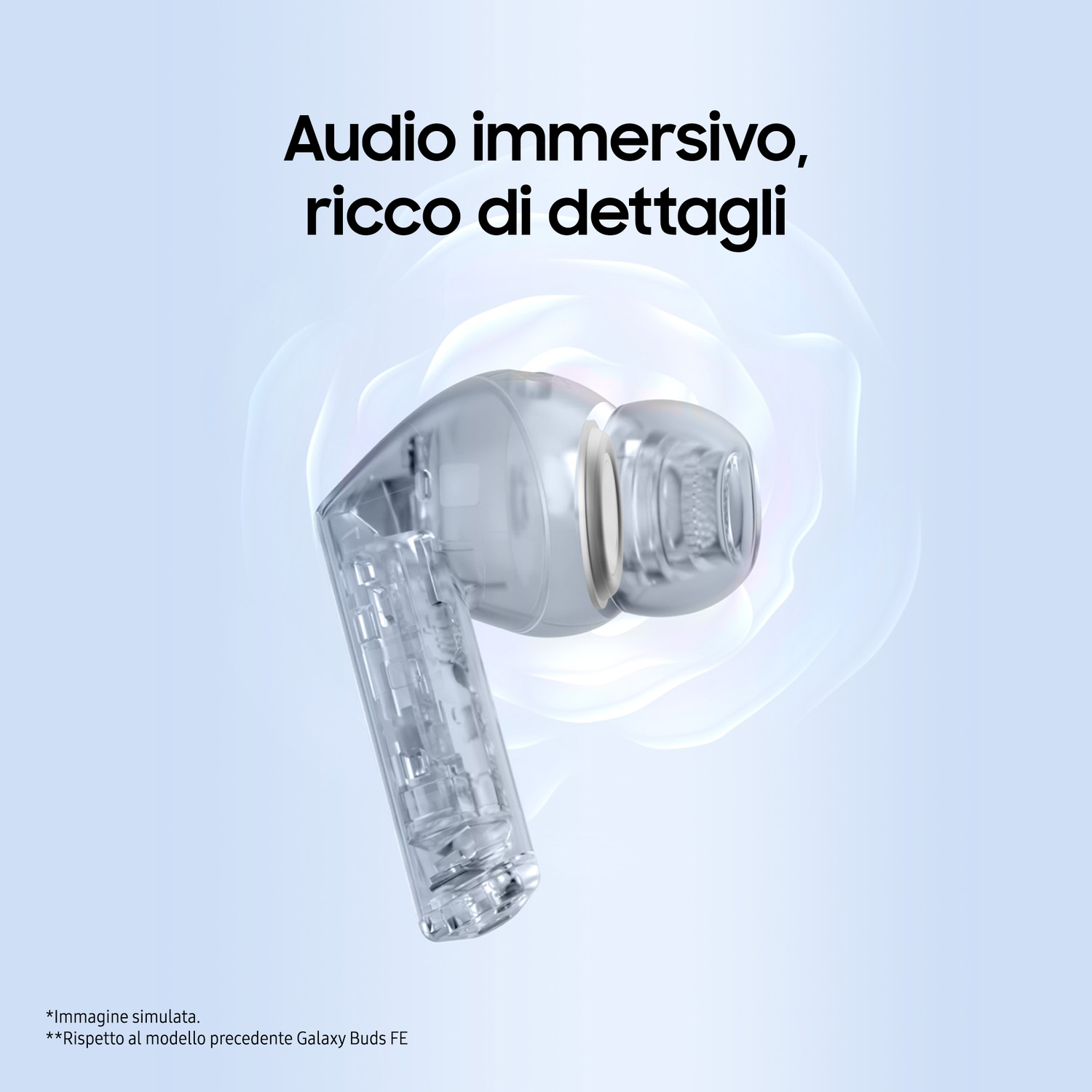 Un auricolare trasparente è mostrato, centrato su uno sfondo sfumato blu chiaro e bianco con testo sopra.