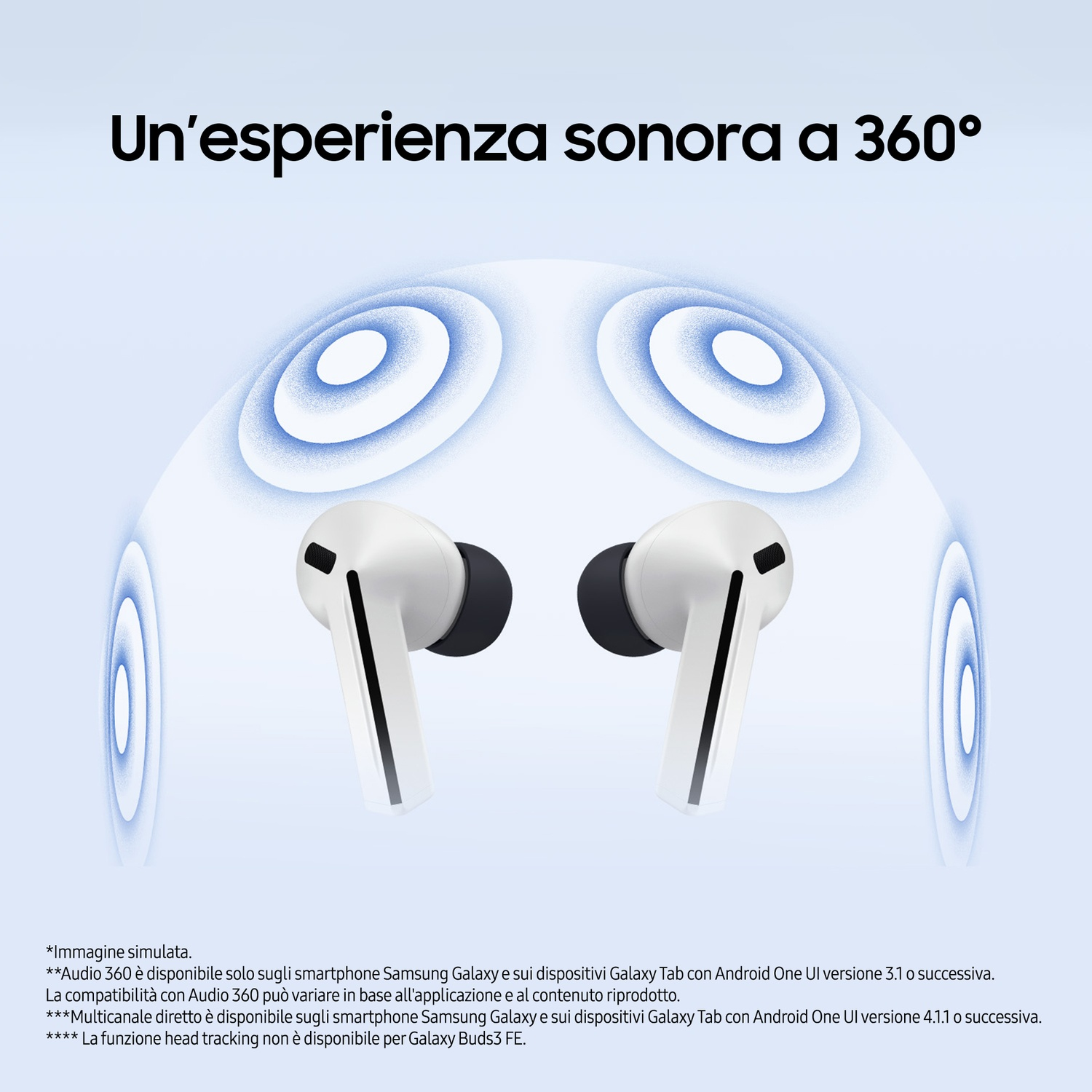 Auricolari bianchi con punte nere, circondati da grafiche di onde sonore, con testo: Un'esperienza sonora a 360°.