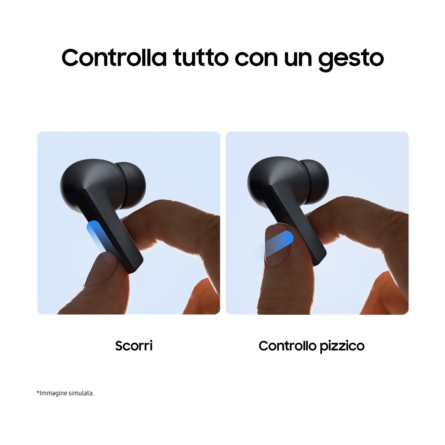 L'immagine mostra due auricolari neri. Le mani interagiscono con loro. Il testo dice: 'Controlla tutto con un gesto'.