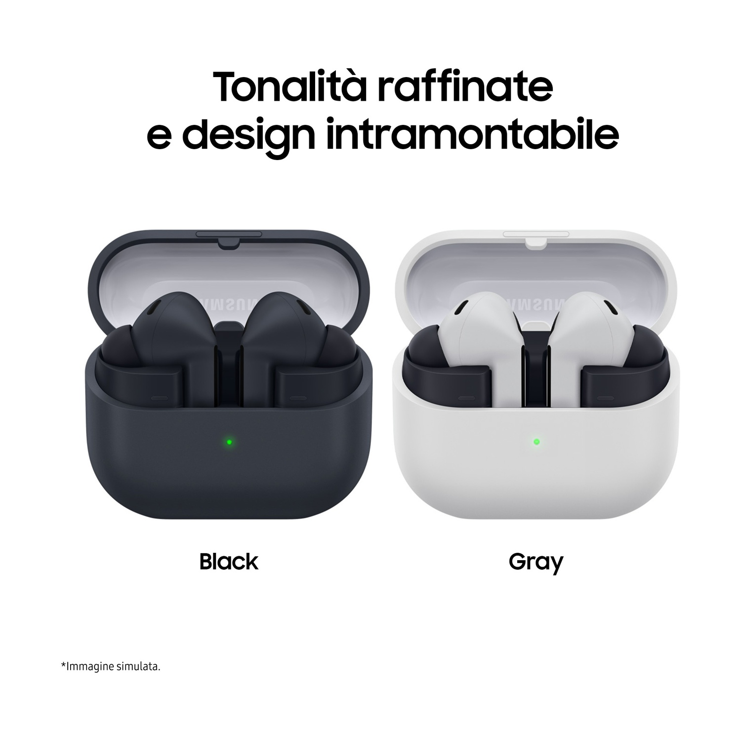 L'immagine mostra due custodie per auricolari aperte, nere e grigie. Ogni custodia contiene auricolari. Il testo sopra recita 'Tonalità raffinata e design senza tempo'.