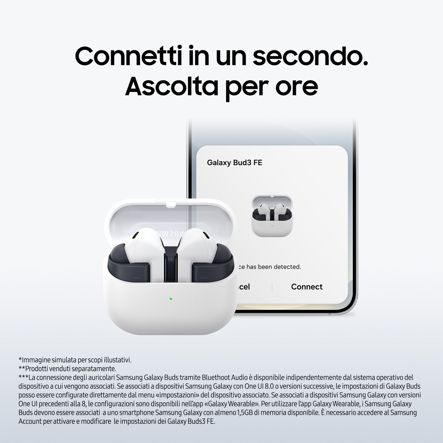 Galaxy Buds bianche in una custodia accanto a uno schermo del telefono che mostra 'Galaxy Buds3 FE'. Il testo in alto recita: 'Connettiti in un secondo'.