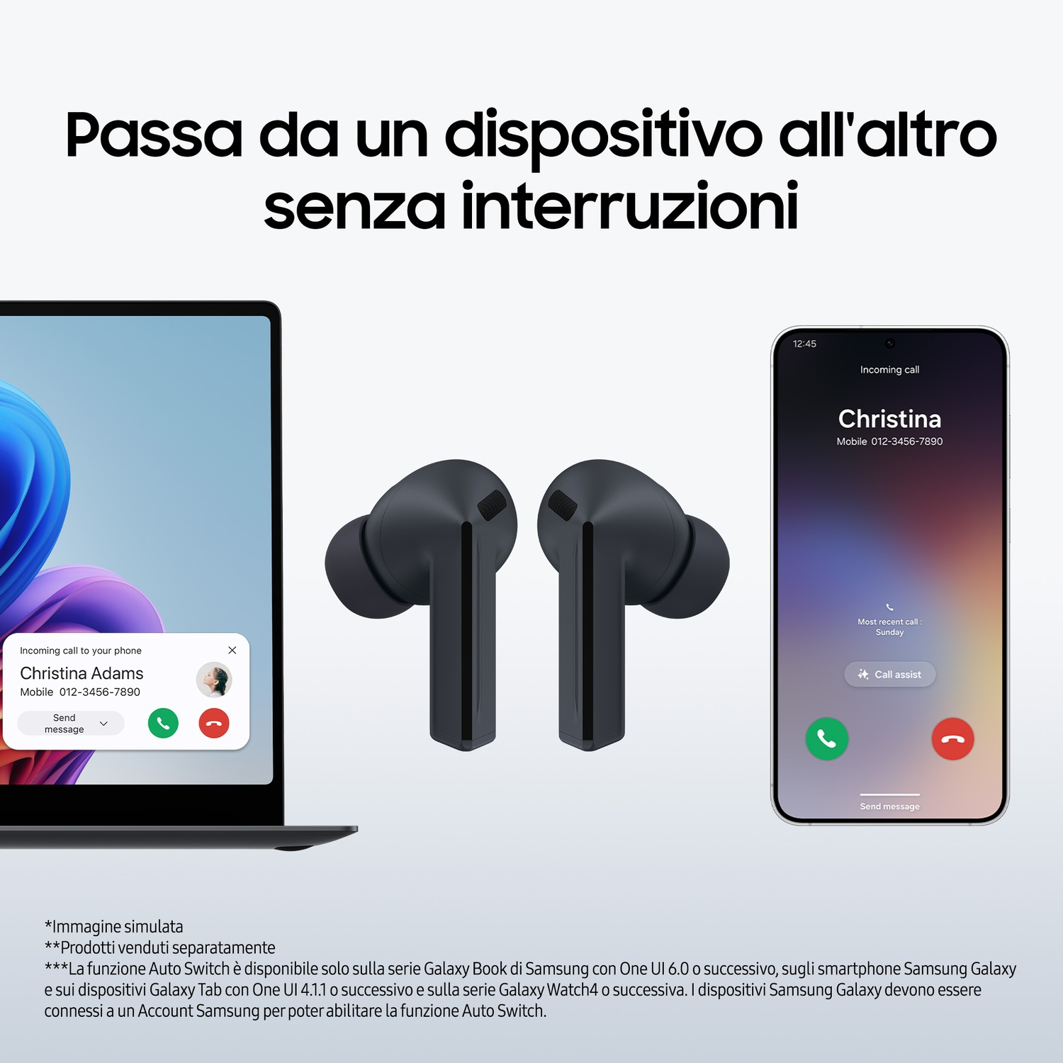 L'immagine mostra cuffie, un laptop e uno smartphone con una schermata di chiamata in arrivo. Testo: 'Passa da un dispositivo all'altro senza interruzioni'.