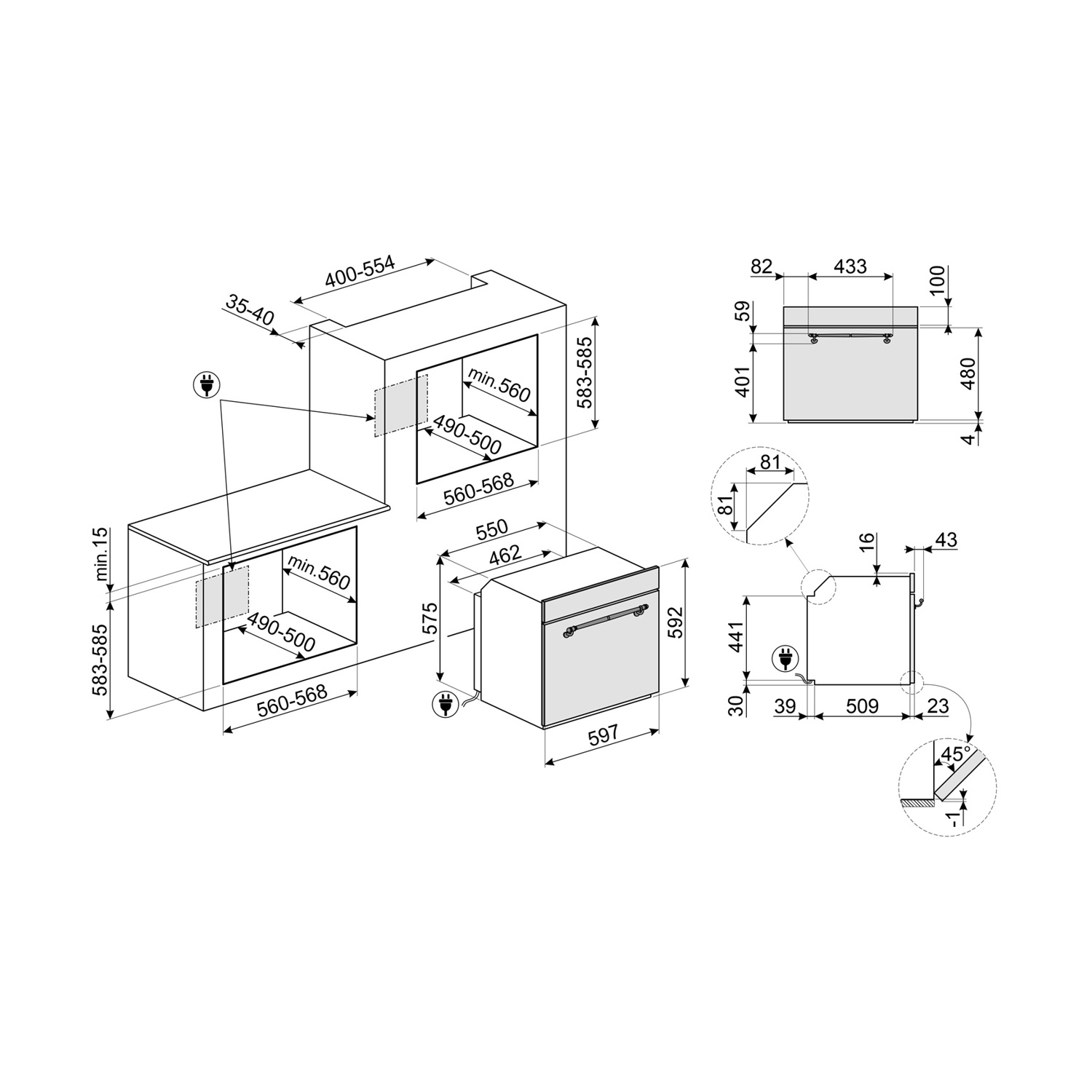 Disegno tecnico di elettrodomestici da cucina con dimensioni in millimetri. Include forno, microonde e lavastoviglie, con varie misure.