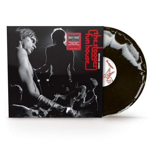 A The Stooges Fun House albumjának borítója. Fekete-fehér kép a zenekar tagjairól, a bakelit lemez látható. A lemez fekete-fehér.